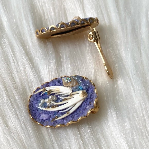 80s Vintage Purple Shell Earrings Mermaidcore Tiny Seed Pearls Shell Clip-Ons - Picture 8 of 11